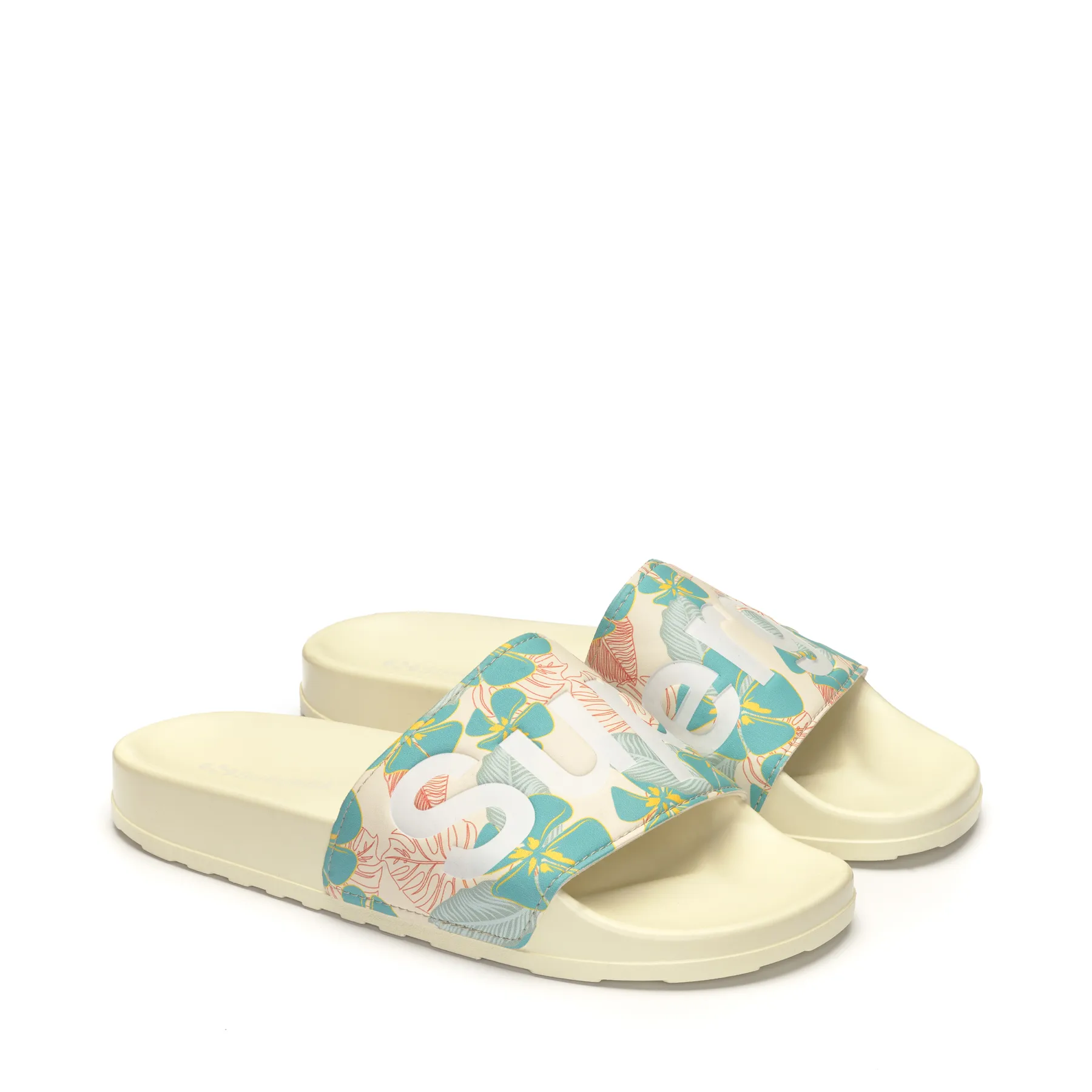 Bej 1908 Slides Hibiscus Print Polysoft Unisex Bej-Turkuaz Terlik