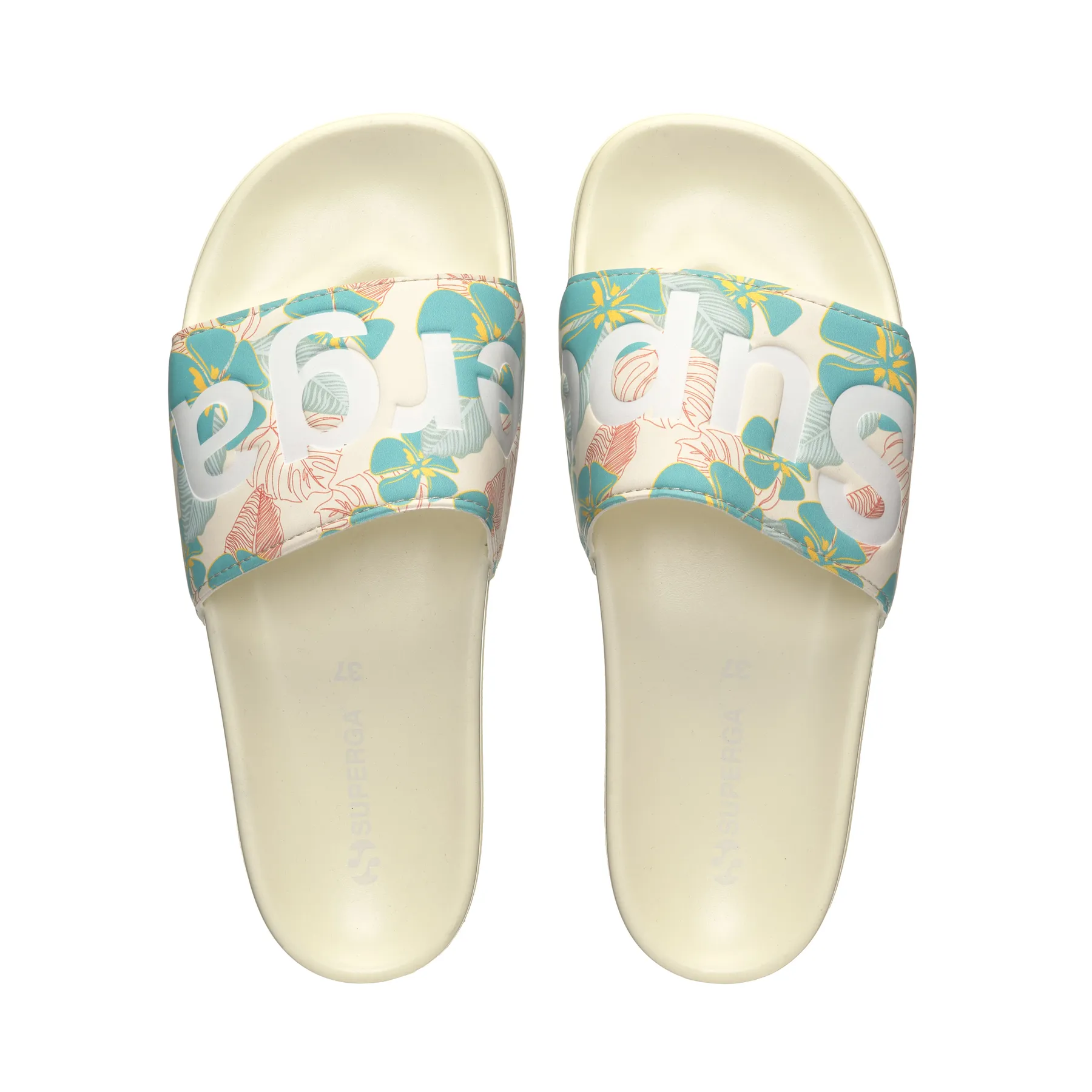 Bej 1908 Slides Hibiscus Print Polysoft Unisex Bej-Turkuaz Terlik